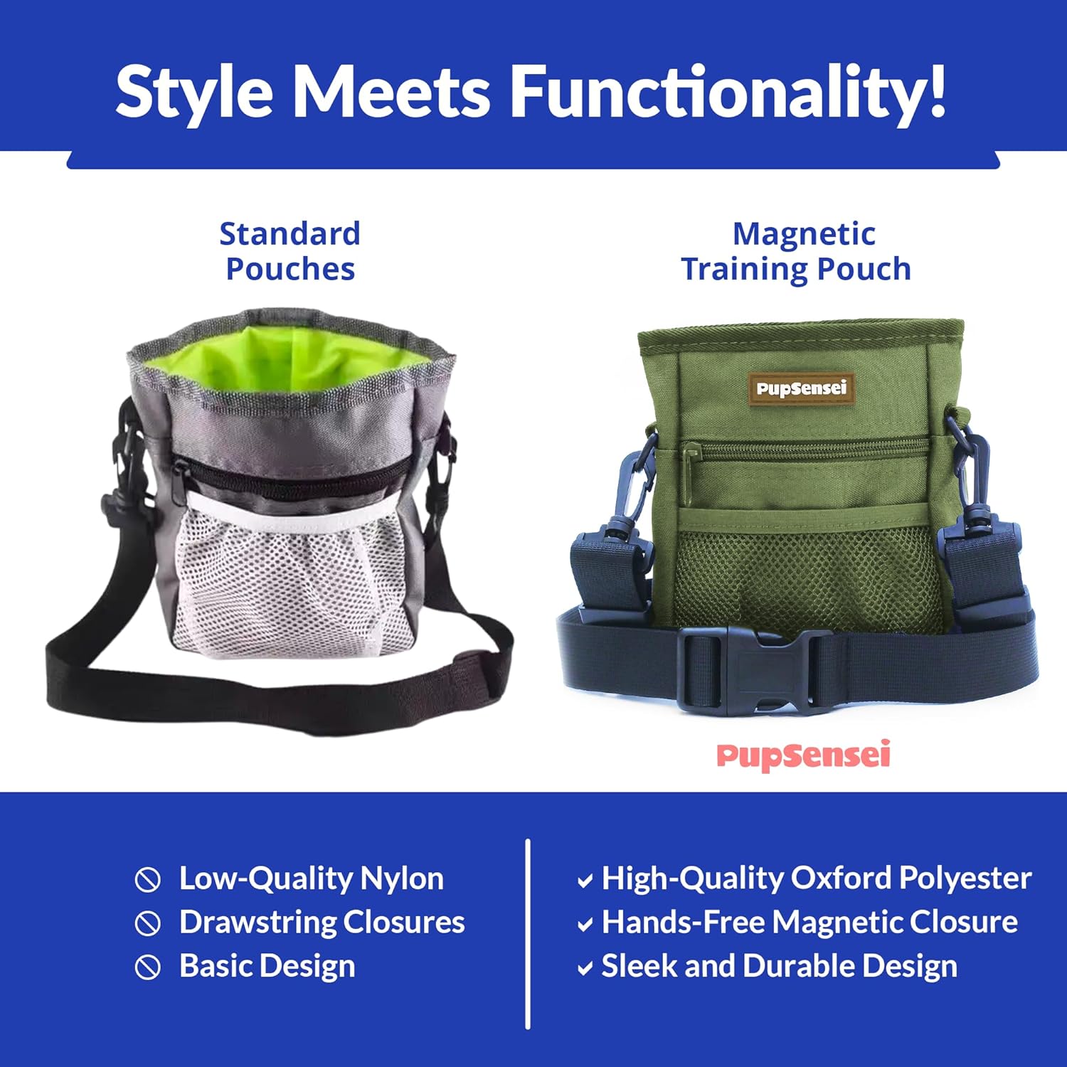 Dog Treat Pouch, Durable Oxford Polyester, No-Spill Magnetic Closure, Treat Pouches for Pet Training with Metal Clip, Waist Belt, Adjustable Strap, Poop Bag Dispenser (Army Green)