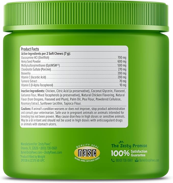 Zesty Paws Mobility Bites Joint Supplement for Dogs - Soft Chews with Glucosamine for Dogs, Chondroitin, & MSM + Vitamins C and E - Hemp - Chicken - 90ct