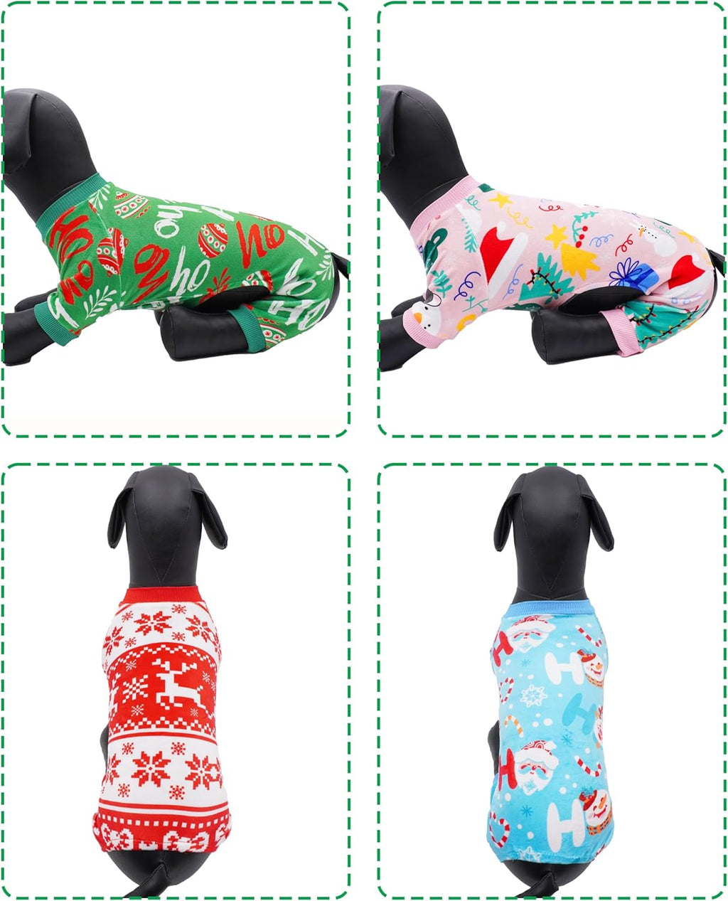 PET SHOW 4 Pack Small Dog Christmas Pajamas Holiday Dog Clothes Doggies Girl Boy Soft Stretchy PJs Xmas Jumpsuit Puppy Cats Onesies Red Green Outfits with Sleeve Pets Dachshund Costume S