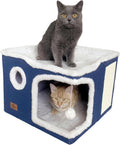 Cat Bed for Indoor Cats,Covered Cat Cave House & Furniture with Scratch Pad,Foldable Cat Hideaway Hut Cute Cat Condo with Soft Washable Mat for Multi Small Pet Under 30 lbs Navy Blue