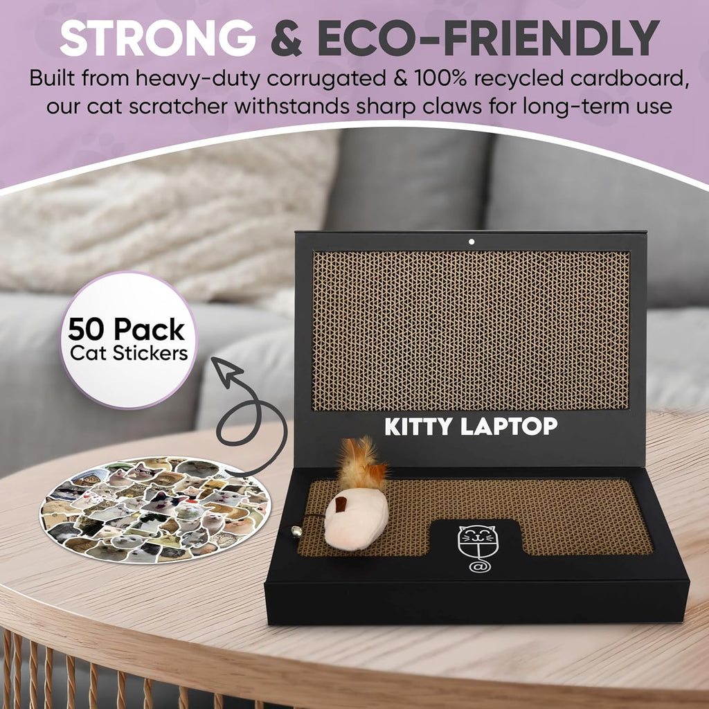 Toy Cat Laptop with 2 Scratchboards + Catnip Mouse Toy for Cats + 50pack Cat Sticker - Interactive Eco-Friendly Cat Computer with Scratch Pad Laptop for Cats - Mini Cat Laptop