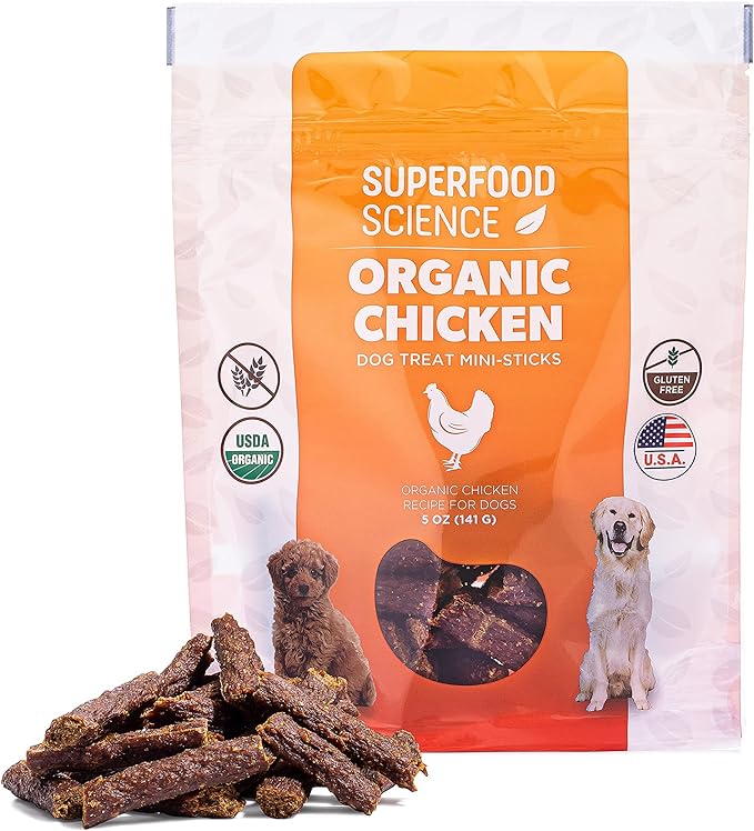 Organic Dog Treats, w/ Chicken, Sweet Potato, Turmeric, & Flaxseed, Low-Calorie, Grain-Free, Semi-Soft, Natural Dog Jerky, Healthy Dog Treats for Training Puppies, Small, Medium & Large Breeds, 5 oz