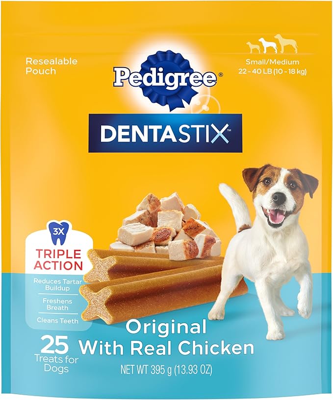 Pedigree Dentastix Small & Medium Breed Dog Treats, Original with Real Chicken, 13.93 oz. Bag (25 Treats)