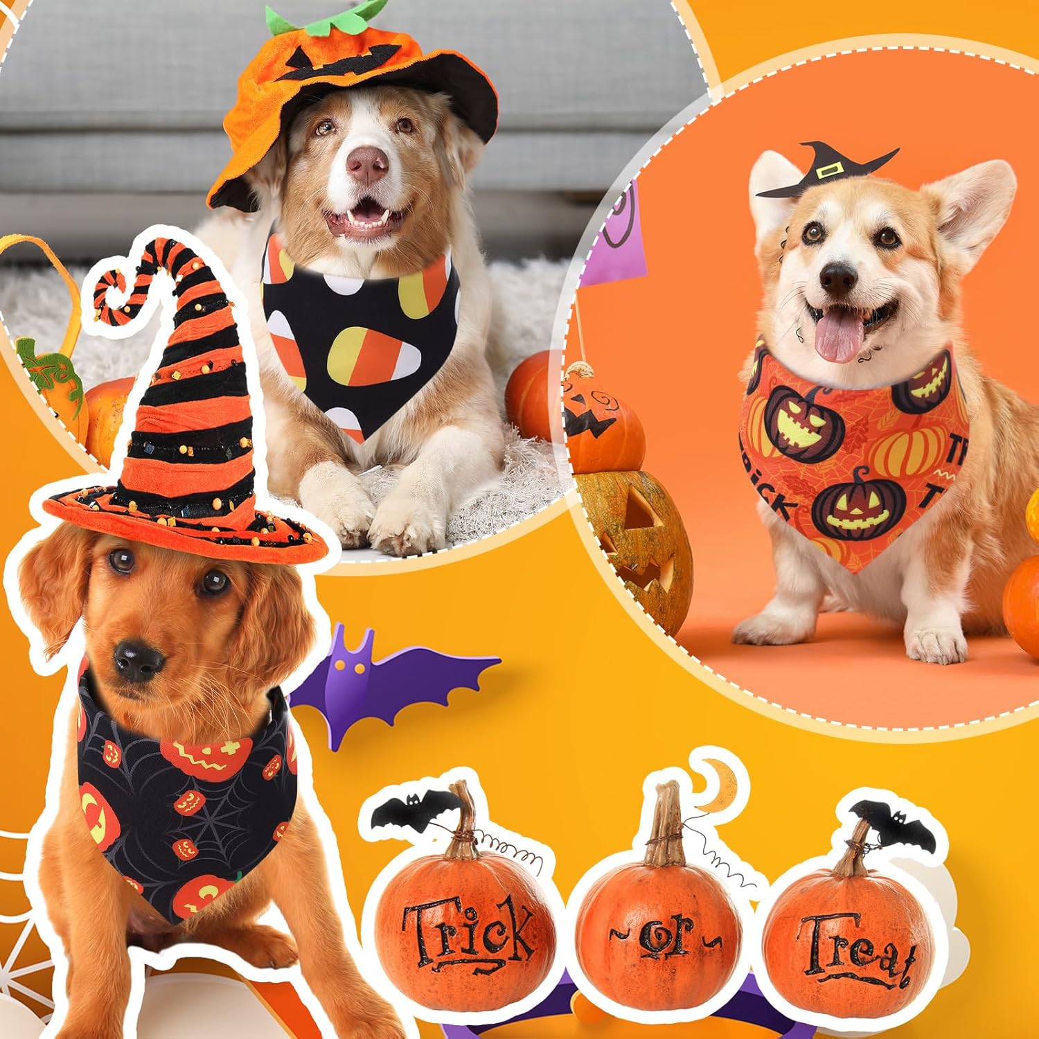 Abbylike 100 Pcs Halloween Dog Bandanas Bulk Pumpkin Bandanas for Dogs Triangle Kerchief Bibs Scarf Set for Pet Halloween Costume Photo Props Accessories Pet Shops, 25 Styles (31.5 x 21.7 x 21.7)
