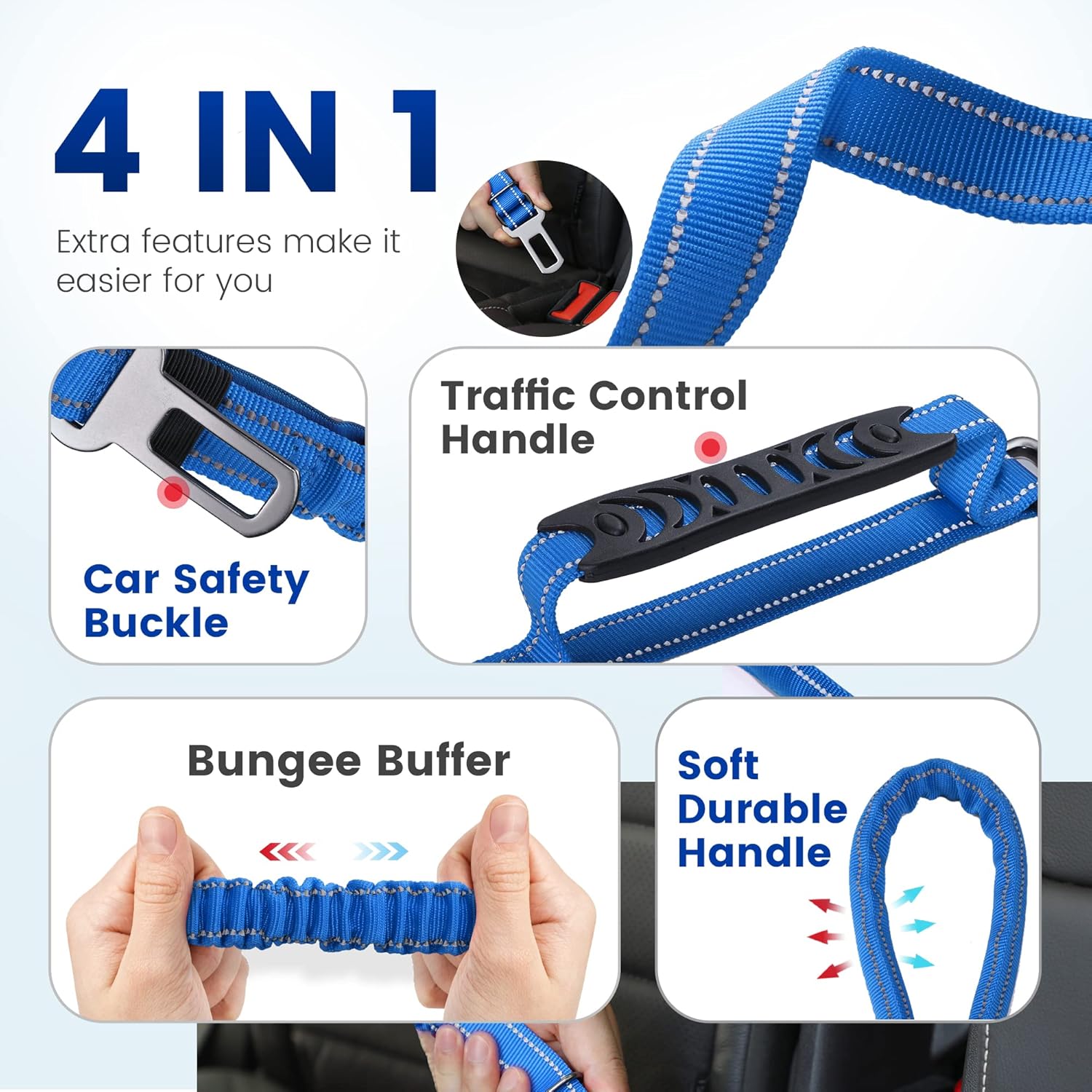 IOKHEIRA 6Ft /4Ft Dog Leash Rope for Large Dogs, Heavy Duty with Comfortable Padded Handle and Highly Reflective Threads,4-in-1 Multifunctional Dog Leashes with Car Seat Belt for Training (Blue)