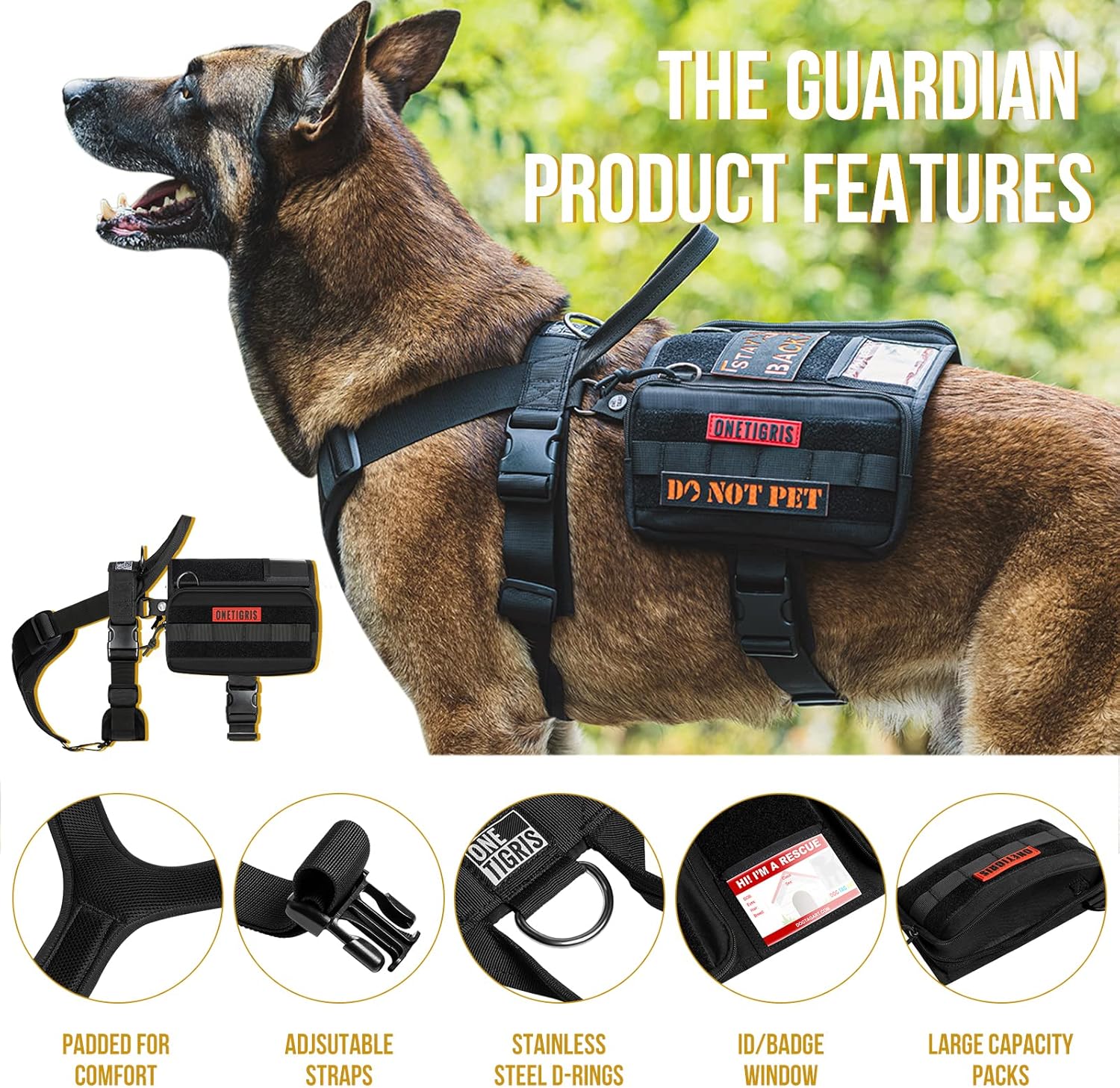 OneTigris Service Dog Vest Harness, Service Dog Cape Guardian Dog Backpack Harness with Pouches Dog Saddle Bag for Small Medium and Large Dogs (Black, M)