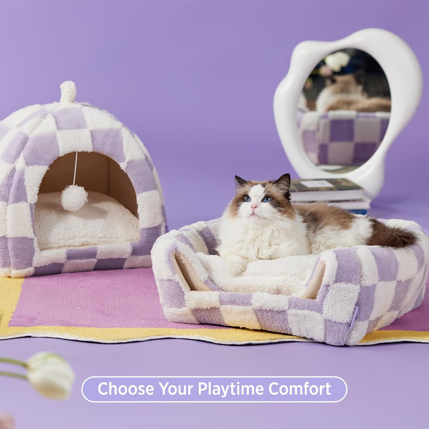 Lesure Cute Cat Beds for Indoor Cats - 2 in 1 Large Cat Cave Bed with Removable Washable Cushioned Pillow, Cozy Kitten with Non-Slip Bottom, Purple, 17.3 inches