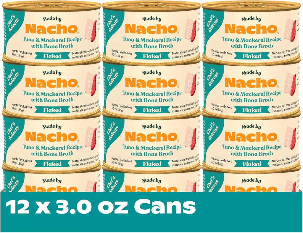 Made by Nacho Flaked Filets Recipe in Bone Broth, Grain-Free Chef's Selects Wet Food for Cats Balanced Diet in Naturally Hydrating Pumpkin-Infused Broth (3.0 oz (Pack of 12), Tuna & Mackerel)