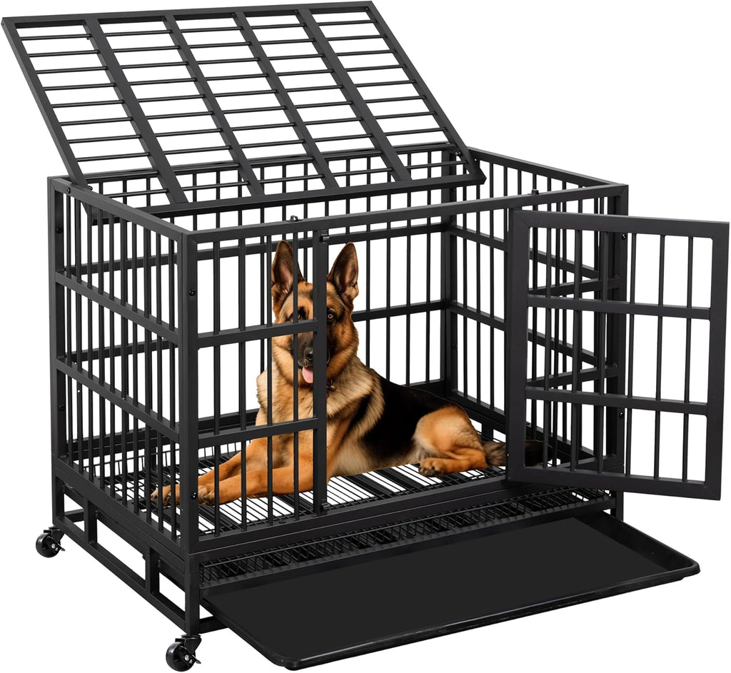 JY QAQA 38 Inch Heavy Duty Indestructible Dog Crate Double Doors Escape Proof Cage Kennel,Enhanced Metal Pet Cage,Extra Large XL XXL Crate Indoor for Large Dog with Removable Tray and Lockable Wheels