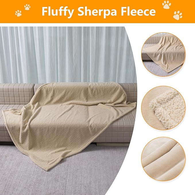 Waterproof Dog Blanket Reversible Pet Bed Cover Puppy Fluffy Cream Blankets Leakproof Sofa Couch Cover Cat Pet Blanket for Warm Washable-L