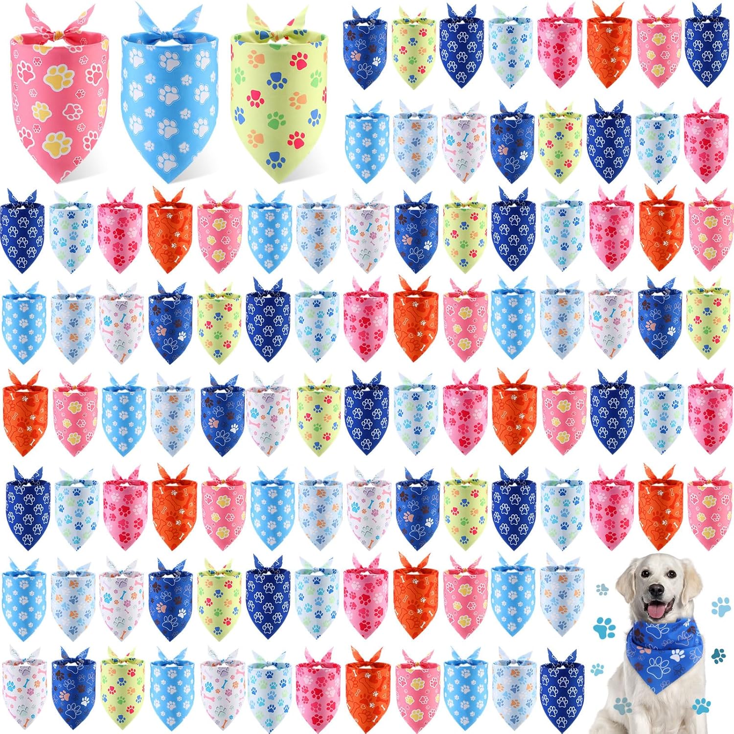 100 Pieces Paw Print Dog Bandanas Bulk Paw Bandanas for Dogs Soft Bibs Adjustable Triangle Doggie Scarves for Small Medium Large Pets Party Costume