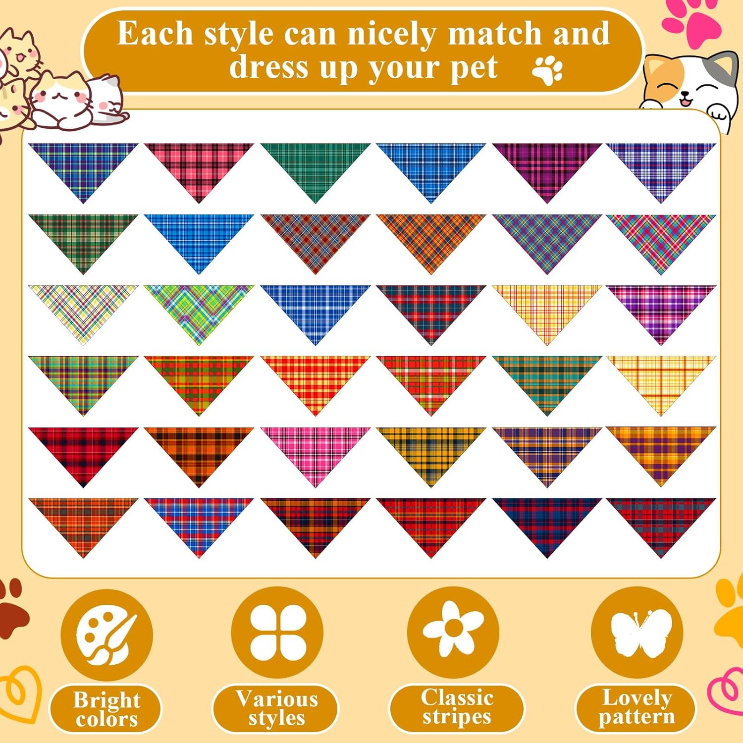 72 Pcs Plaid Dog Bandanas Bulk Triangle Scarf Cat Bibs Puppy Scarf Stripe Bandanas for Puppy Cat Birthday Party Costume