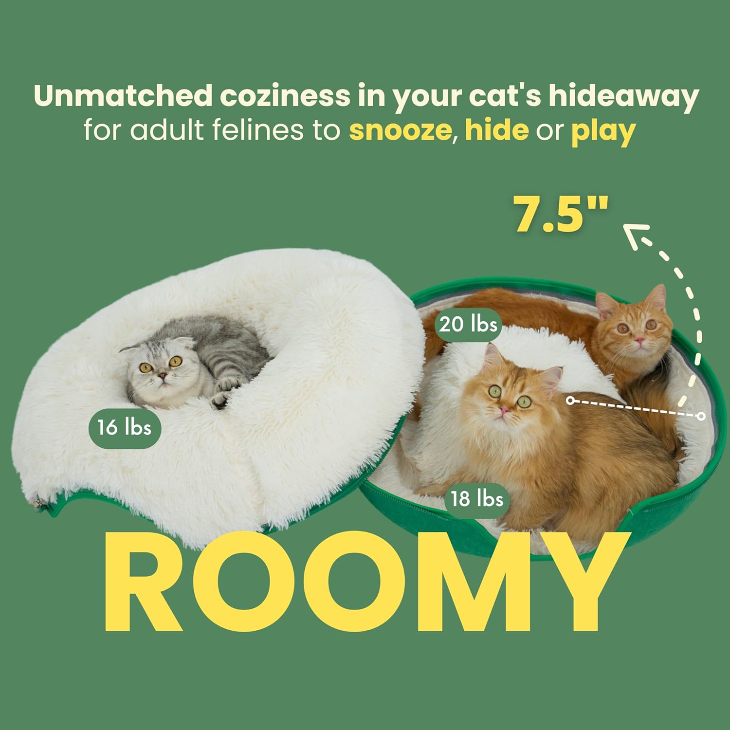 CATTASAURUS Peekaboo Cat Cave for Multiple & Large Cats Up to 30-45 Lbs, Fluffy Cat Beds & Furniture, Scratch Detachable & Washable Tunnel Bed, Comfy Donut Bed (Forest Green, Large (Calming))