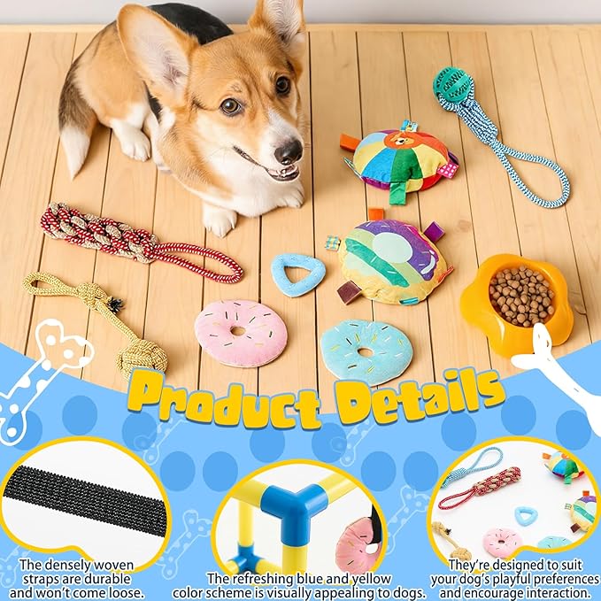 Soulchen Puppy Play Gym with 8 Hanging Toys, Small Dogs Enrichment Interactive Toys 19.7 Inch Pets Indoor Jungle Gym PVC Frame with Bungee Straps Enrichment Activity Center