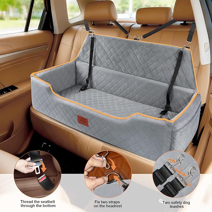 Large Dog Car Seat for Dods Under 100 Lbs, Memory Foam Dog Car Bed for Backseat & Trunk, Detachable and Washable Cover, Pet Travel Seat with Storage Pockets, 2 Safety Belts