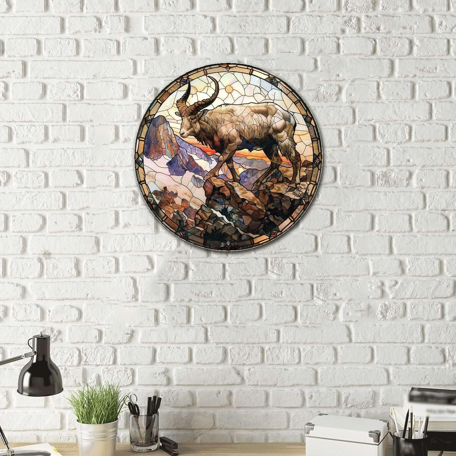 Lygond Metal Sign Tin Sign Circular Stained Glass Mountain Goat Tin Sign Gift for Garage 12×12 Inches