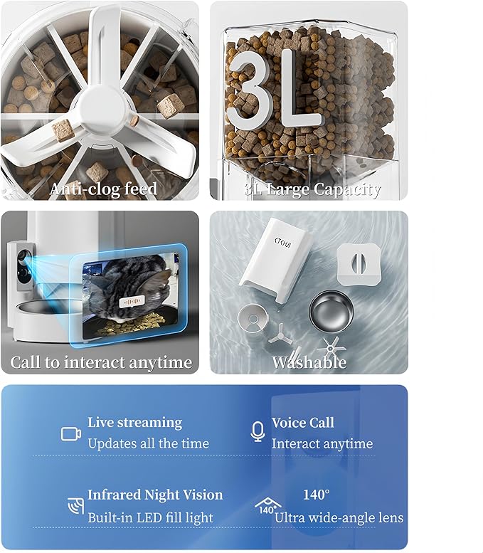 Automatic Cat Feeder with Camera, 1080P HD Video with Night Vision, Scheduled Automatic Pet Feeder, Separated Design Wide Grain Path with 2-Way Audio ＆ Feeding Call Function for Cat & Small Dog