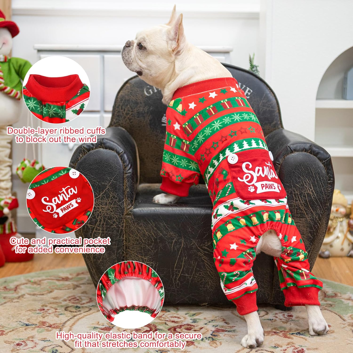 BEAUTYZOO Dog Christmas Pajamas Large Sized Dog, Christmas Doggie Pajamas for Boys Girls, Soft Fleece Cotton Puppy Pjs Jammies Onesies for Men Women, Pet Jumpsuit Body Suit Apparel Clothes, Red XXL