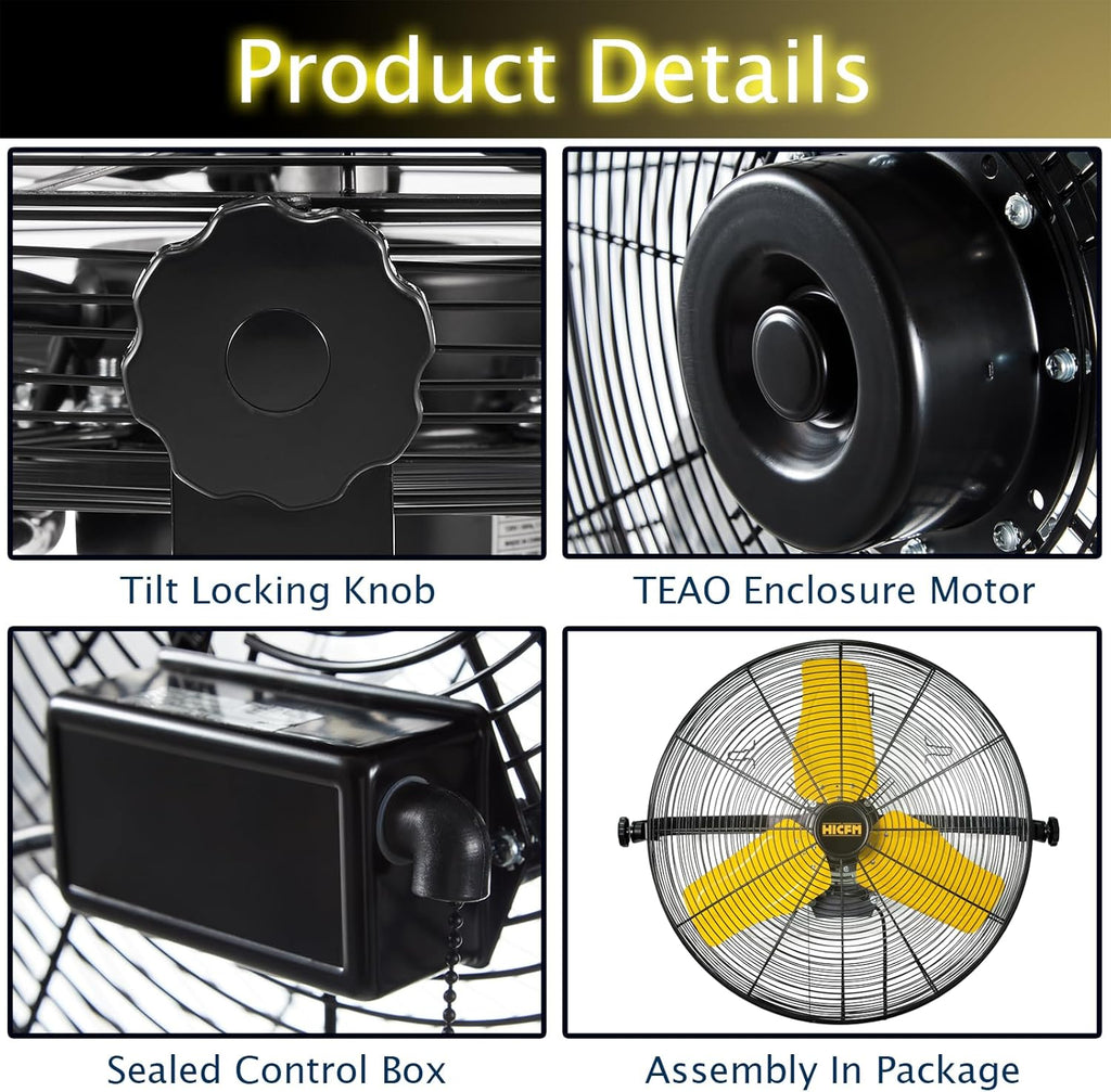 HiCFM 9100 CFM 24 inch Heavy Duty Industrial Wall Mounted Fan with TEAO Enclosure Motor, Permanent Lubricated Ball Bearing, 180 Degree Tilting, Safety Yellow Blade Wall Fan - UL Listed, 2 PACK
