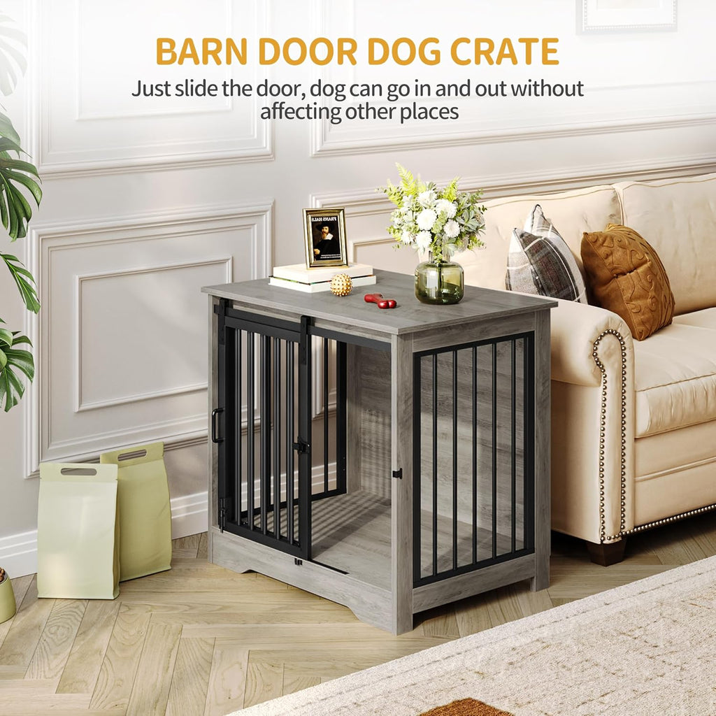 27.2" Dog Crate Furniture with Barn Door, Heavy Duty Dog Kennel Indoor with 2 Doors, Wooden Pet Cage End Table for Small Medium Dogs up to 22 lb, Anti-Chew Anti-Escape, Greige DFC84305B