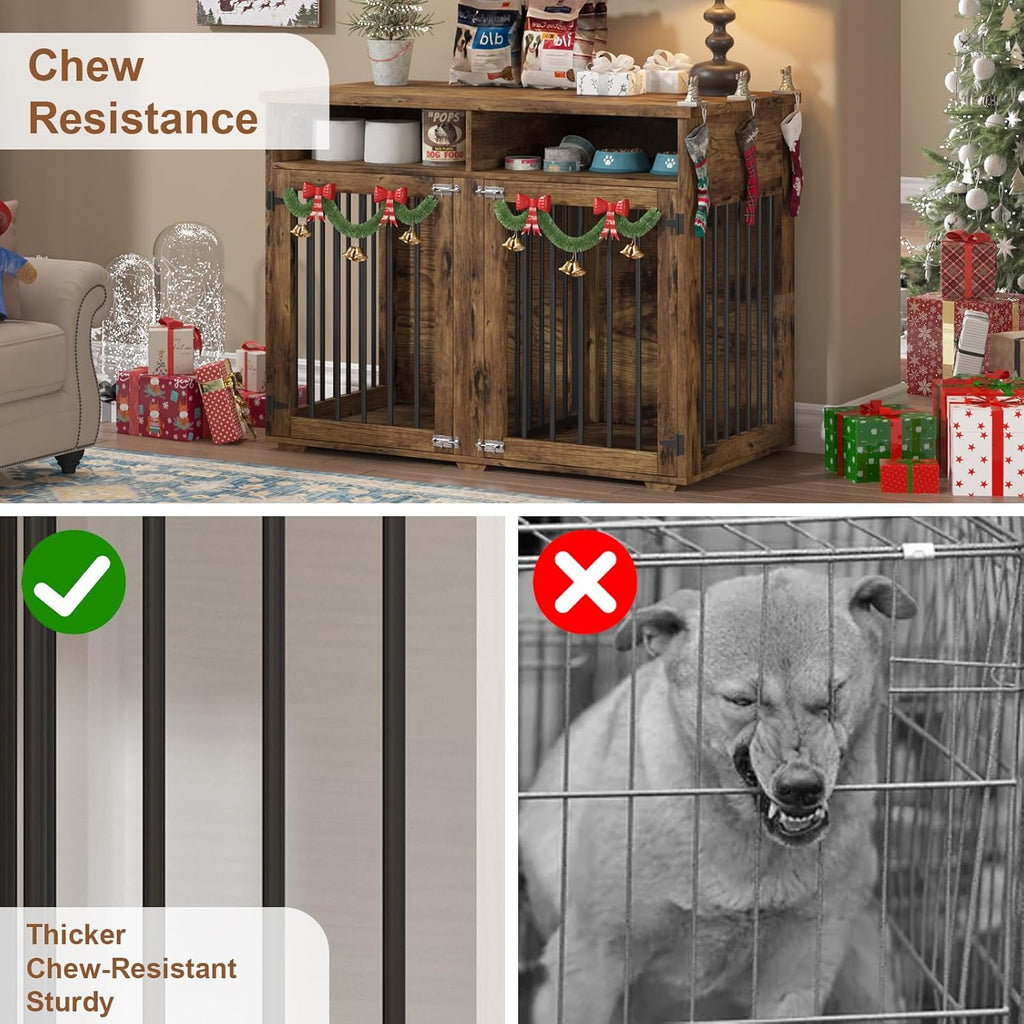 Furniture Dog Crate for 2 Dogs, 41 Inch Dog Kennel Furniture with Removable Divider and Shelf Storage, Wooden Dog Crate for Small/Medium Dogs, Rustic Brown