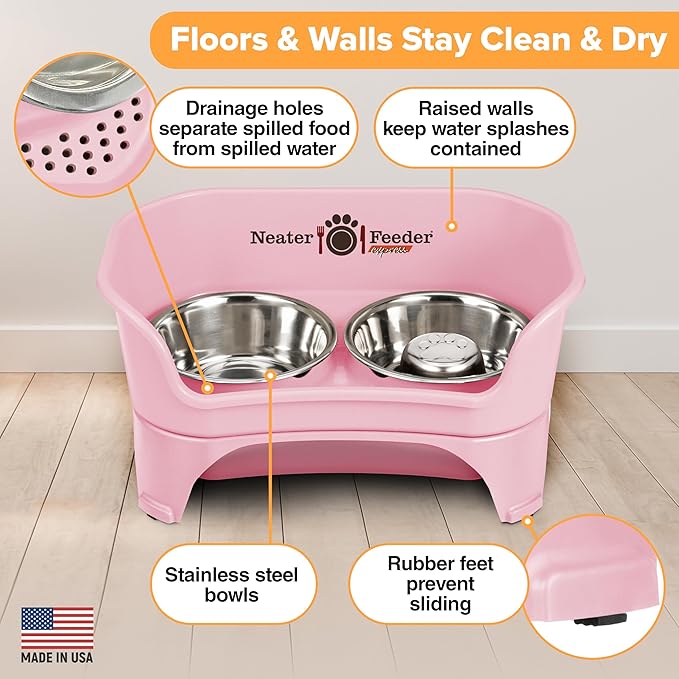 Neater Feeder - Express Model w/Slow Feed Bowl - Mess-Proof Dog Bowls (M/L, Pink) Made in USA – Elevated, No Spill, Non-Tip, Non-Slip, Raised Stainless Steel Food/Water Pet Bowls Aid Digestion
