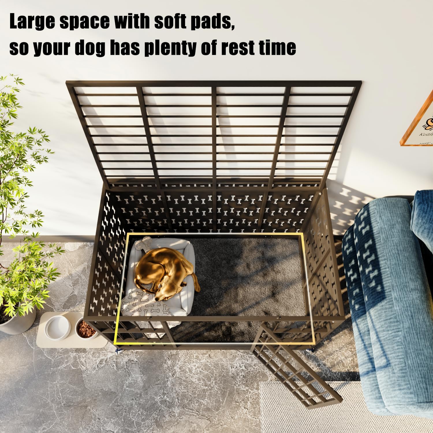 LEMBERI 48/42 inch Indestructible Heavy Duty Dog Crate with Cushion, High Anxiety Extra Large Dog Cage for Large Dogs, XL Steel Escape Proof Dog Kennel with Locking Wheels