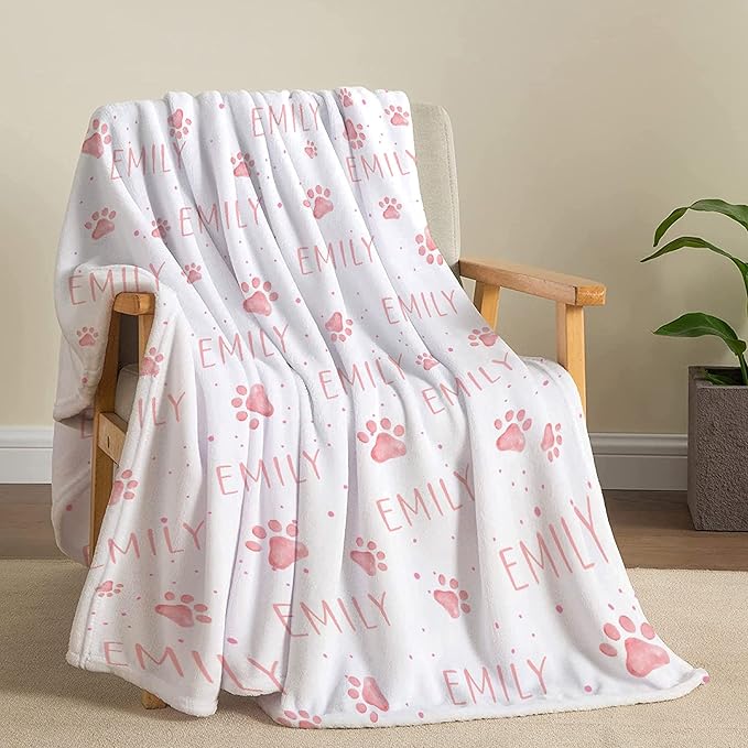Personalized Dog Paw Print Blanket - Custom Dog Blanket with Pets Name, Cute Paw Print Pet Throw, Puppy Fluffy Blankets, L 80"x60" for Adult/Gift