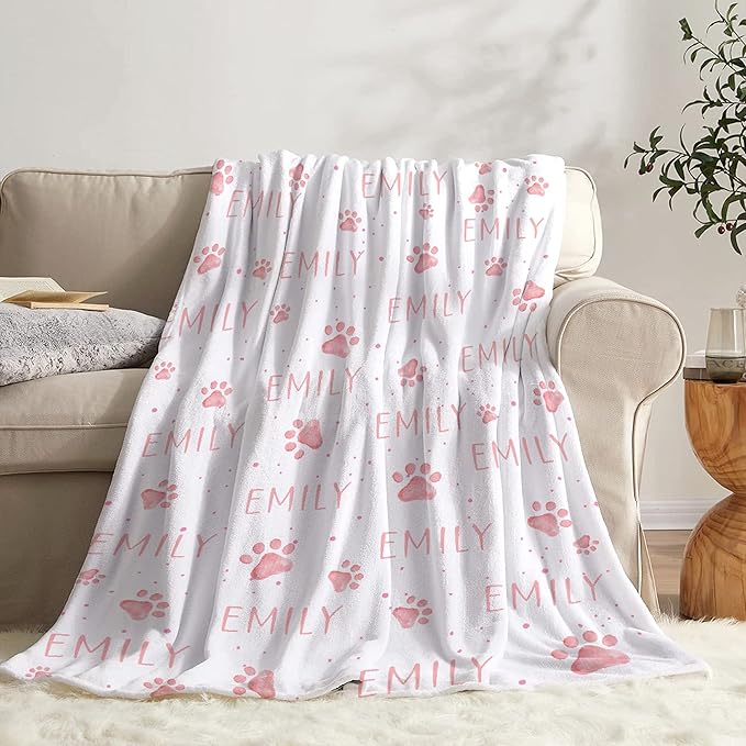 Personalized Dog Paw Print Blanket - Custom Dog Blanket with Pets Name, Cute Paw Print Pet Throw, Puppy Fluffy Blankets, L 80"x60" for Adult/Gift