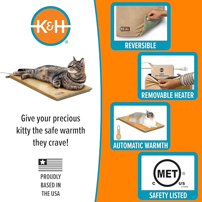 K&H Pet Products Heated Cat Bed Pad for Indoor Cats, Thermo-Kitty Mat Calming Warm Pet Heating Pad for Inside Pets, Machine Washable, Waterproof Heater, Safety Listed - 12.5 X 25in Sage/Tan