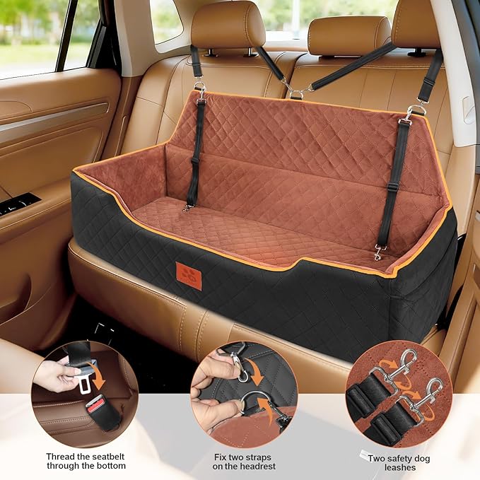 Large Dog Car Seat for Dods Under 100 Lbs, Memory Foam Dog Car Bed for Backseat & Trunk, Detachable and Washable Cover, Pet Travel Seat with Storage Pockets,2 Safety Belts