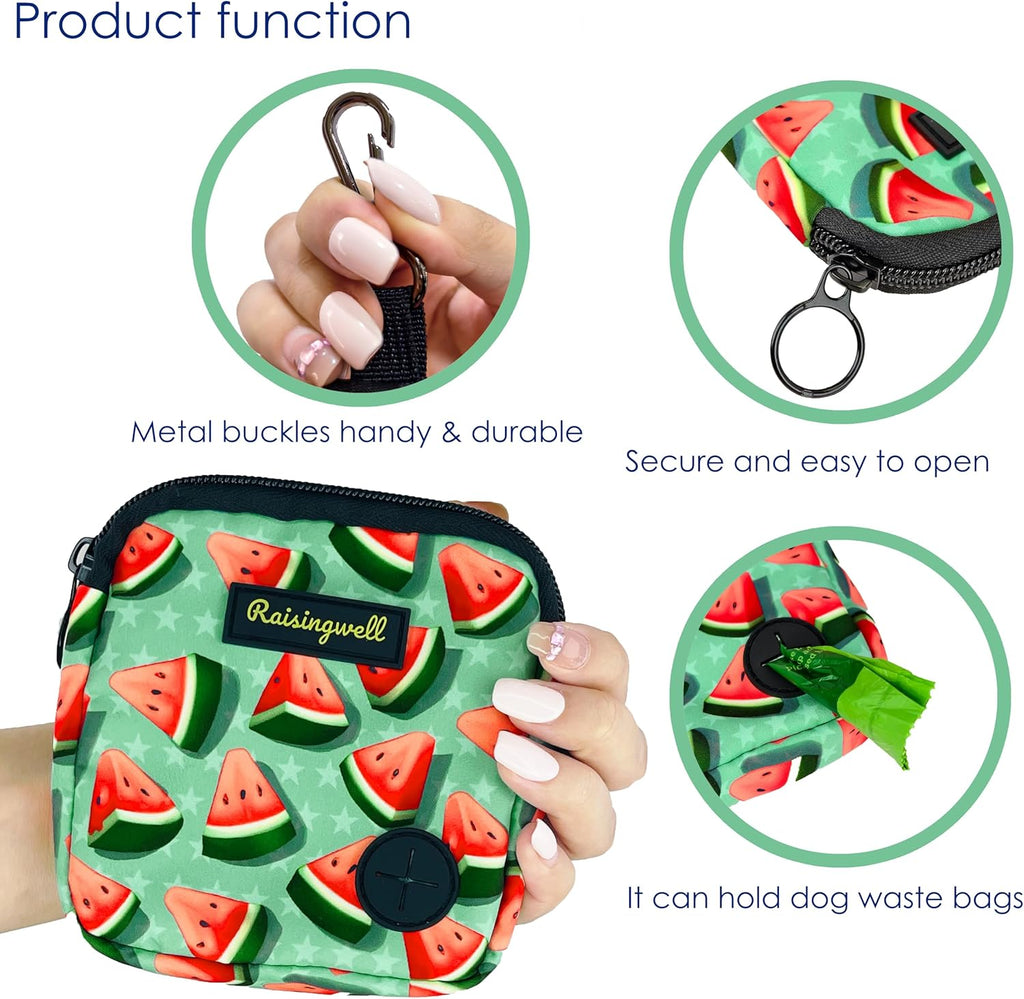 Dog Treat Pouch for Pet Walking and Training with Clicker Poop Bags Small Fanny Zipper Pack Holder for Puppy Snack Dispenser Kit for Leash and Outdoor Use (Watermelon)