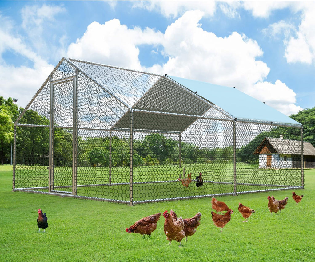 1.26'' Large Metal Chicken Coop Run Walk in, Chicken Runs for Yard with Cover, Chicken Pens Outdoor, Spire Roofed Outside Dog Kennel with Roof (9.8’Lx13.1’Wx6.4’H)
