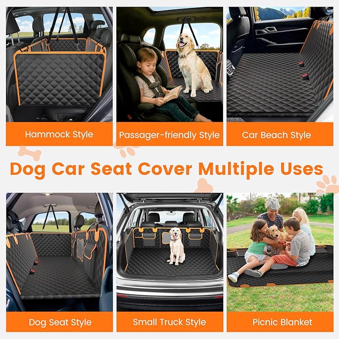Dog Seat Cover for Back Seat Hard Bottom,Holds 500 lbs,Waterproof Dog Car Seat Cover for Back Seat Extender,Scratch-Proof Pet Hammock for Car,SUV,Truck - with Mesh Window & Storage,Black