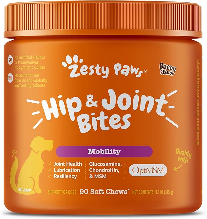 Zesty Paws Hip and Joint for Dogs, Glucosamine for Dogs Hip and Joint Supplement with Chondroitin, MSM, Vitamins C & E - Bacon, 90 Count
