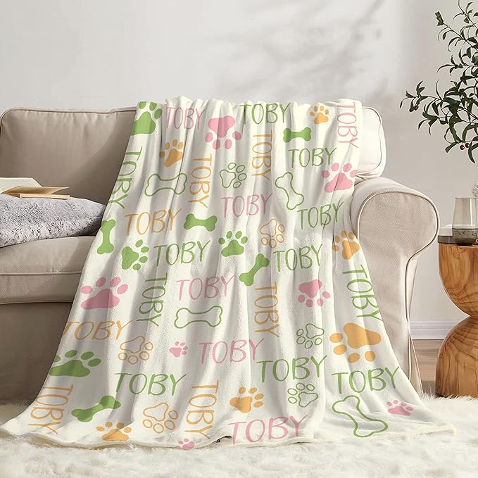 Personalized Dog Dog Blanket - Custom Dog Blanket with Pets Name Cute Paw Print Pet Throw - Puppy Fluffy Blanket S 50"x40" for Medium Dog