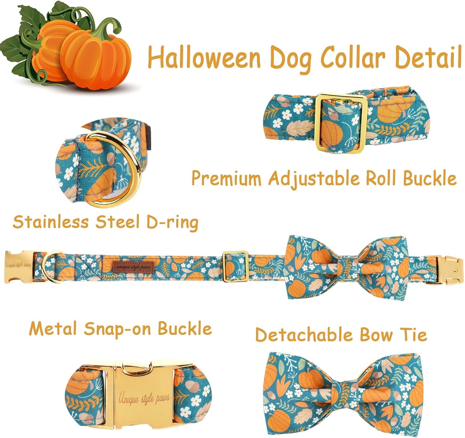 Unique style paws Halloween Dog Collar with Bow Tie Pumpkin Cotton Collar Adjustable Puppy Collar for Small Medium Large Dogs-S