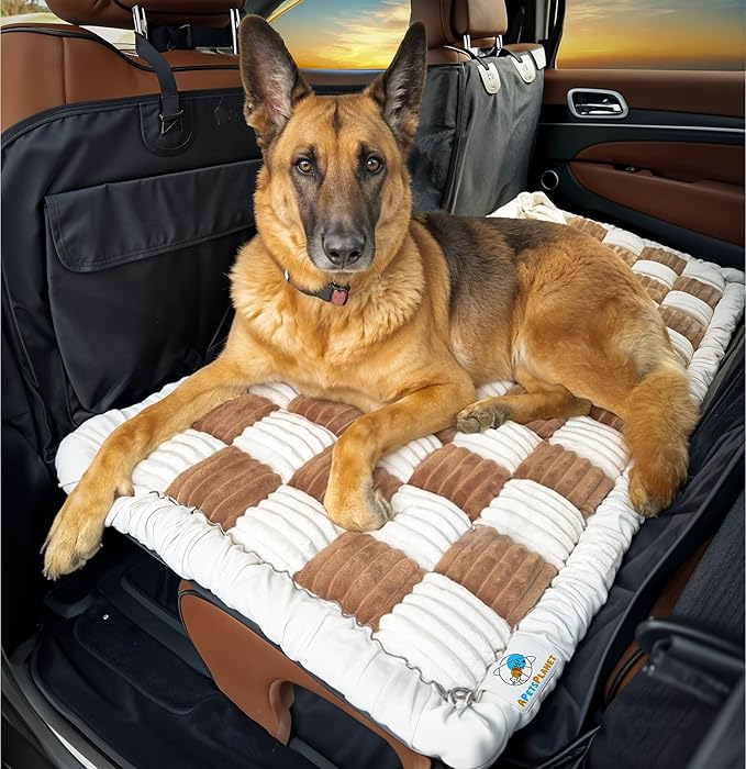 APetsPlanet Dog Bed for Car Back Seat Extender - Non-Slip Backseat Cushion for Dogs - Travel Plush Pet Mat Topper for Cars, Trucks, SUVs - Machine Washable Pad Blanket - Brown Plaid, 54" x 24.8"