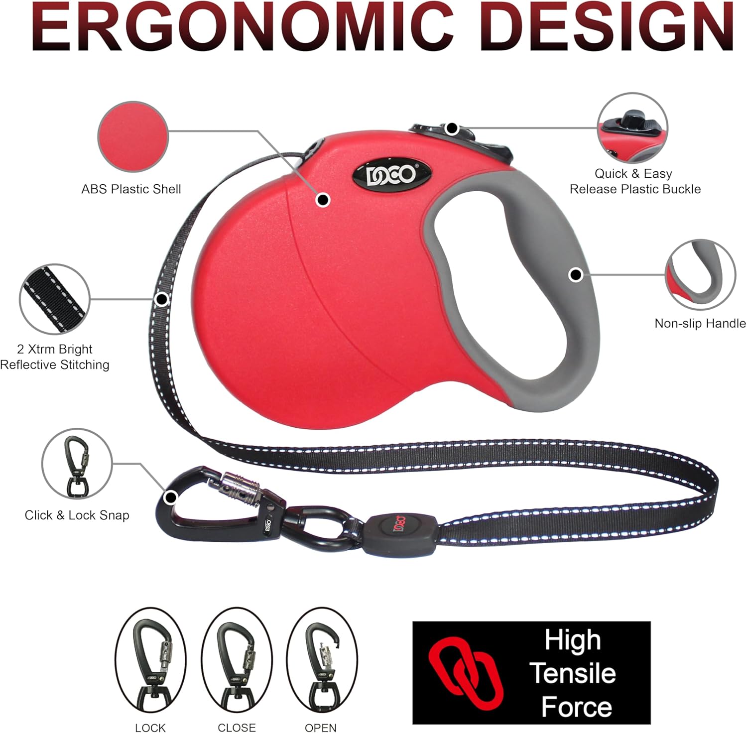 DOCO Retractable Dog Leash for Large Dogs (Length - 13ft, Weight - Upto 22lb) Reflective Tape Lead with Stop and Lock Control, Tangle Free 360° Swivel Snap & Anti-Slip Grip (Black, Small)