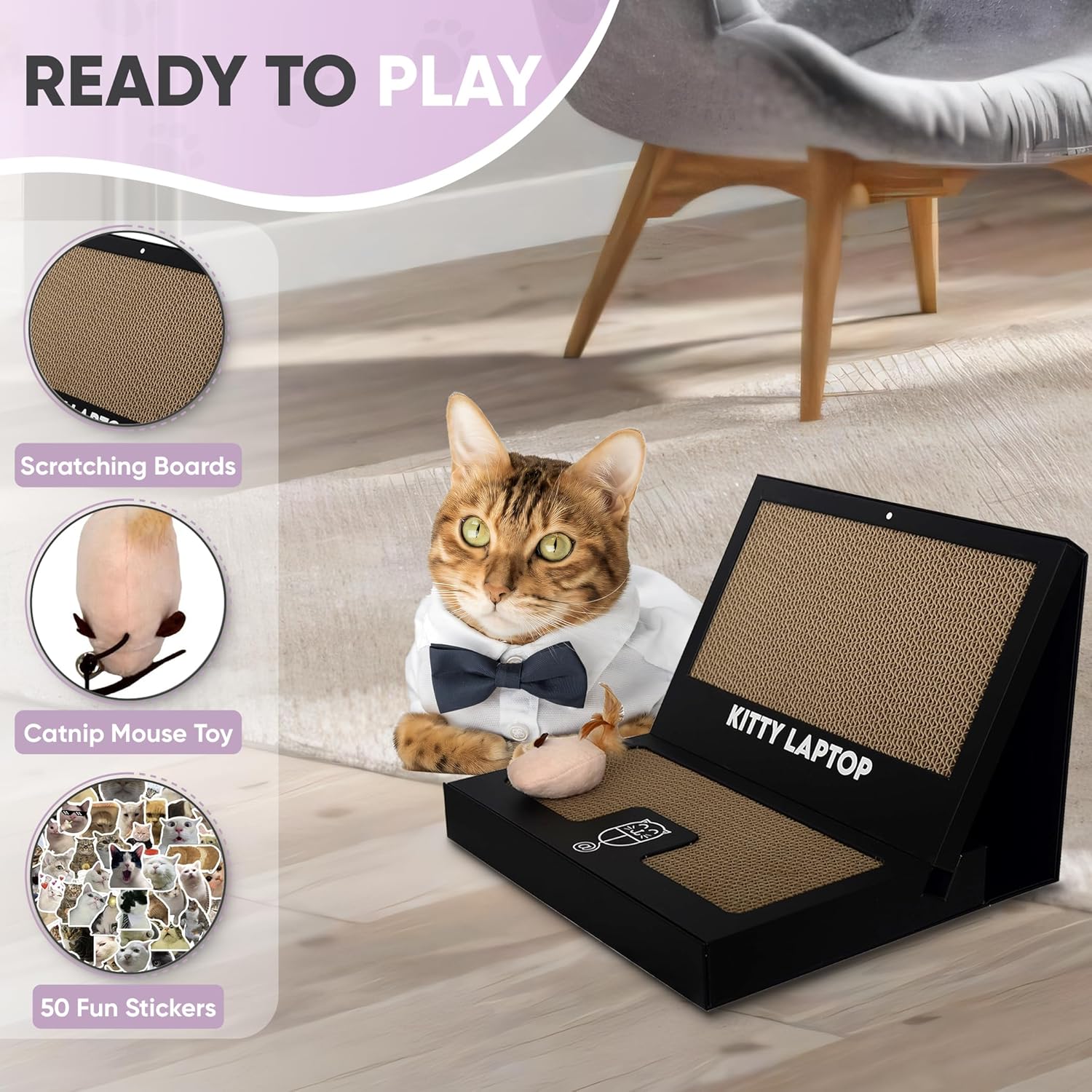 Toy Cat Laptop with 2 Scratchboards + Catnip Mouse Toy for Cats + 50pack Cat Sticker - Interactive Eco-Friendly Cat Computer with Scratch Pad Laptop for Cats - Mini Cat Laptop