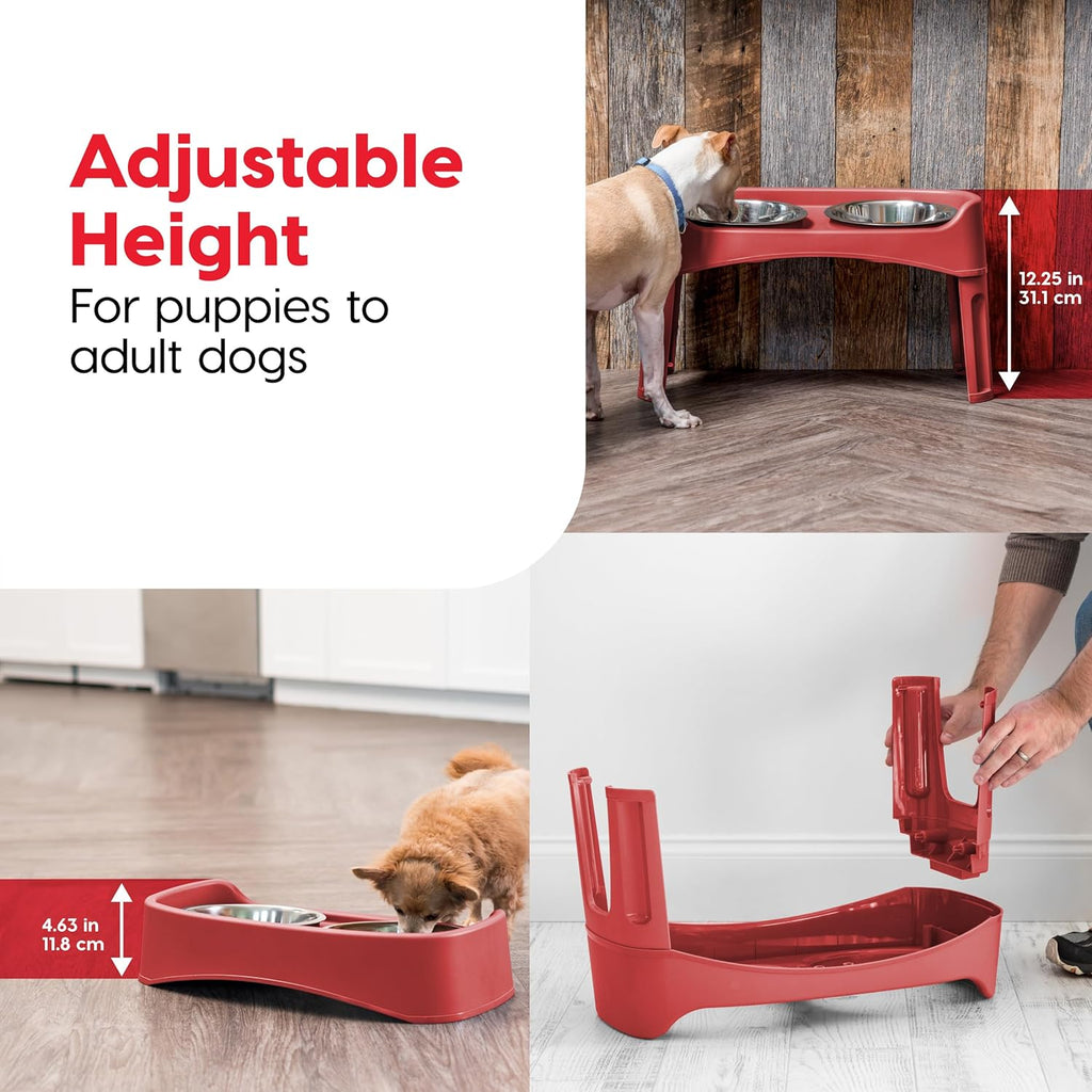 IRIS USA Elevated Dog Bowls, Adjustable Height, 2 Thick 64 oz Stainless Steel Bowls, Spill-Proof with Raised Outer Rim, Durable Made in USA Plastic, Easy Assemble, 2 Heights 4.63" or 12.25" Red