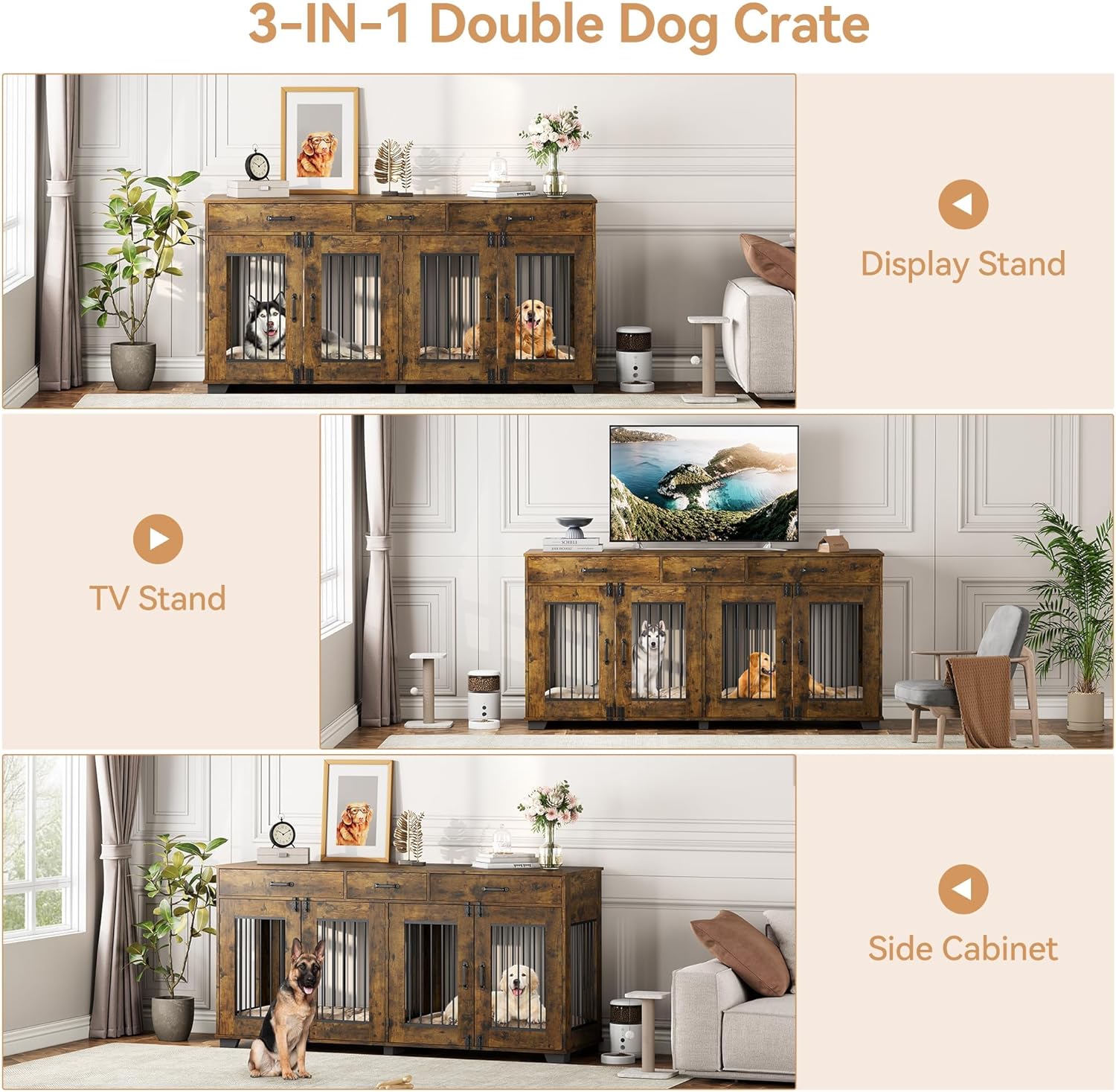 Dog Crate Furniture for 2 Dogs, 71 in XXL Indoor Dog Kennel with 3 Drawers and Removable Room Divider, Wooden Double Dog Crate TV Stand End Table with Double Doors for Large Medium Dogs, Rustic Brown
