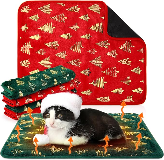 4 Pack Self Heating Cat Bed Cat Self Warming Pad with Removable Cover Extra Warm Thermal Pet Pad Washable Pet Crate Mat Anti Slip Kennel for Indoor Outdoor Pets (Christmas Tree,16 x 20 Inches)
