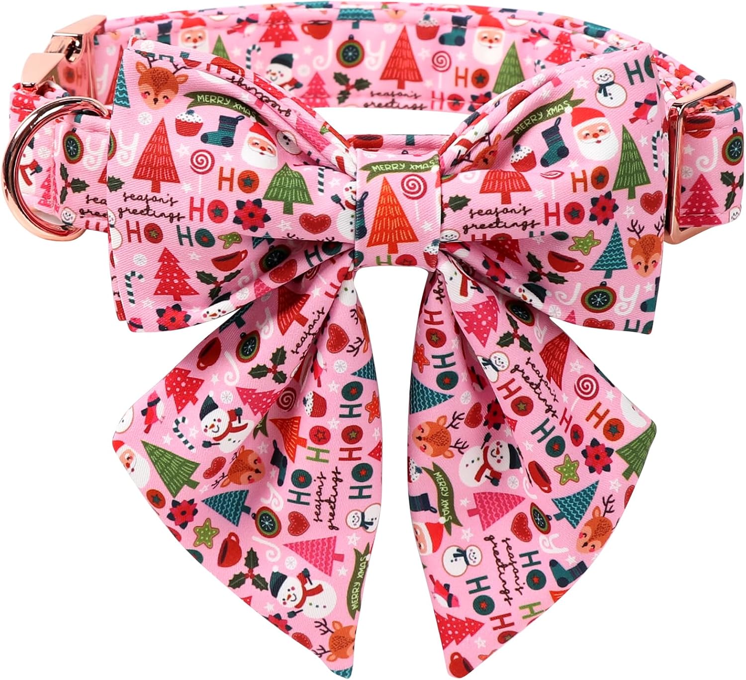 Lionet Paws Christmas Dog Collar with Sailor Bow, Cute Ho Christmas Tree Snowman Pink Dog Collar Bow Tie for Puppies and Cats, XS, Neck 8-12 inches