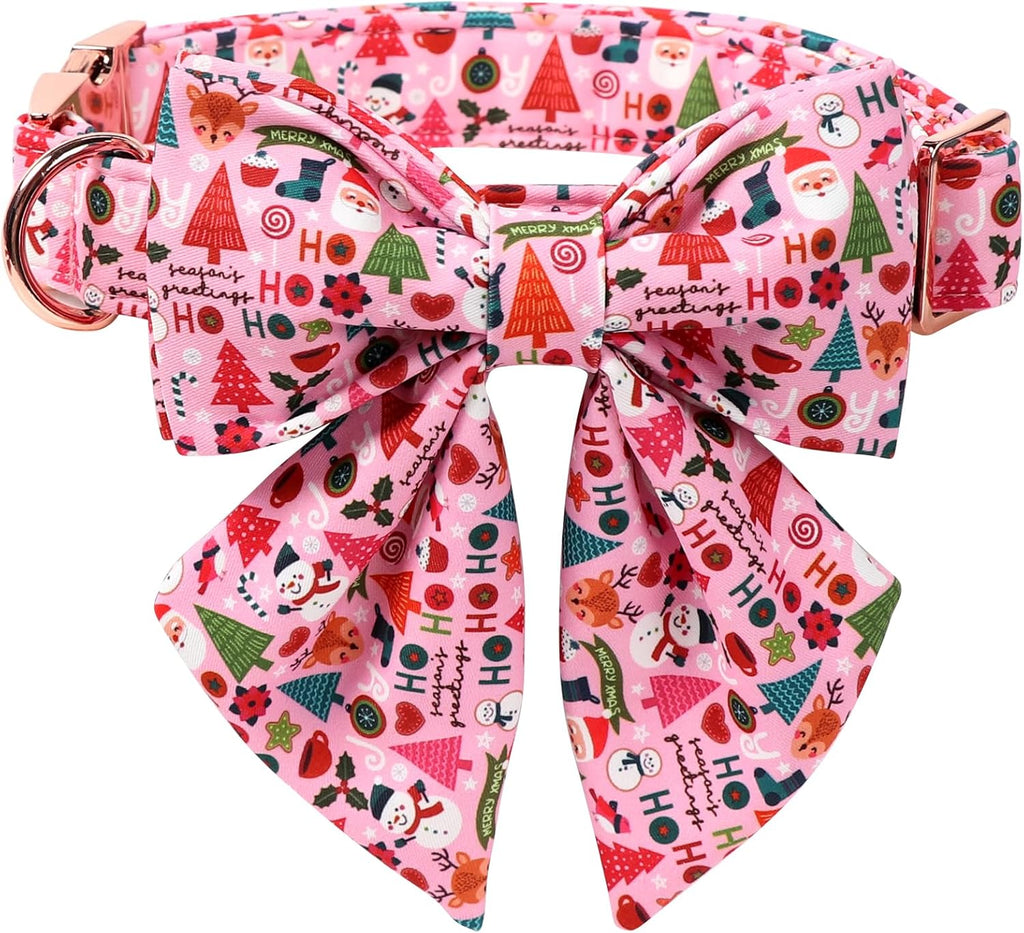 Lionet Paws Christmas Dog Collar with Sailor Bow, Cute Ho Christmas Tree Snowman Pink Dog Collar Bow Tie for Dogs, Small, Neck 10-16 inches