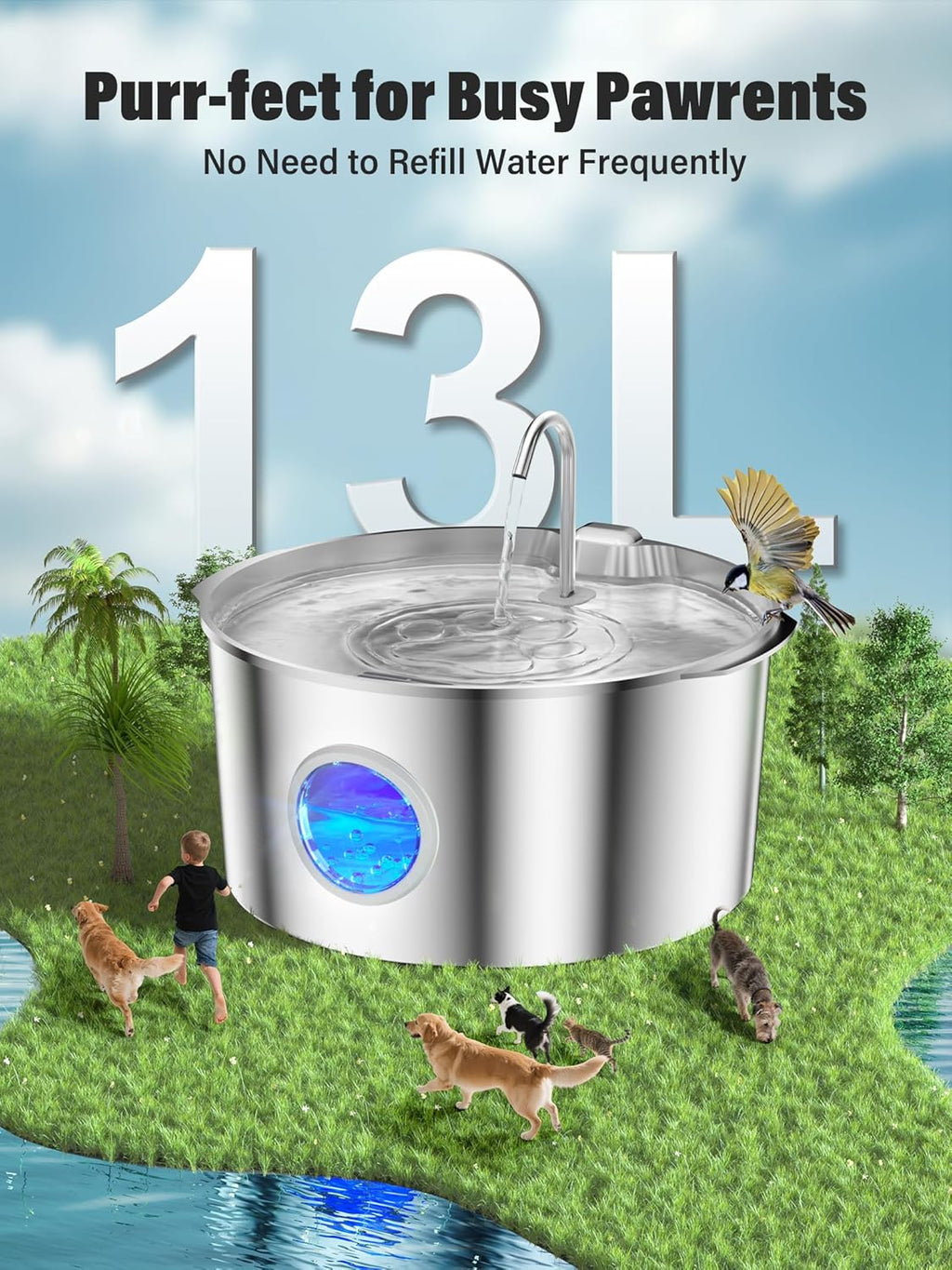 3.4Gal Dog Water Fountain for Large Dogs, Extra Large Stainless Steel Pet Water Fountain, Round Dog Water Bowl Dispenser with Metal Handle, Water Level Window, Supet Quiet Pump for Multi Pet Home