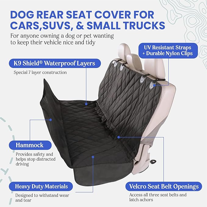 4Knines Dog Backseat Cover with Hammock for Cars, SUVs, and Trucks – Waterproof Layers, Nonslip Seat Protector, Durable Nylon Clips, K9 Shield with Heavy Duty Thread, (Extra Large, Grey)