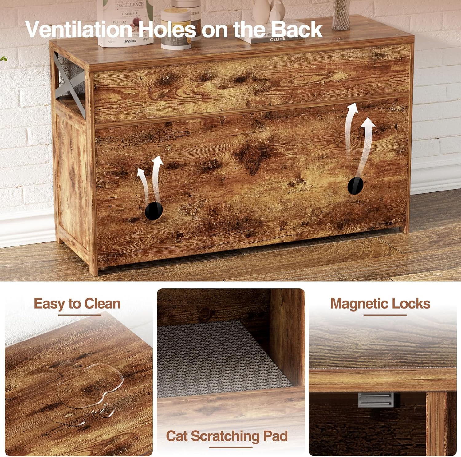 Cat Litter Box Enclosure for 2 Cats, 47" Double Hidden Litter Box Furniture with Scratch Pad, Farmhouse Indoor Litter Box Cabinet Cat Washroom, Rustic Brown