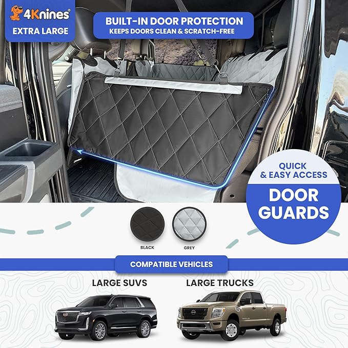 4Knines Hard Bottom Back Seat Extender for Dogs – Waterproof Dog Car Seat Cover – Heavy Duty Backseat Protector for Cars, SUVs, Trucks – Built-in EZ Open Door Protector (Patent Pending) Grey, XLarge