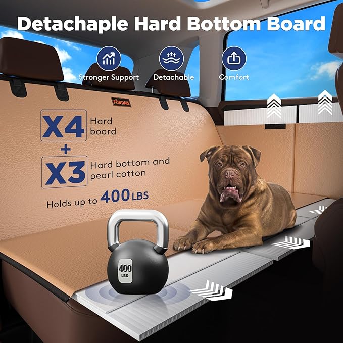 FURTIME XL Back Seat Extender for Dogs, Hard Bottom Dog Car Seat Cover for Truck Back Seat, Upgraded PU Leather Waterproof Anti-Scratch, Large Space Back Seat Cover for Full Size Truck SUV, Brown